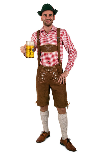 Tiroler broek kort bruin met bretels en witte edelweissborduursels, voor heren op Oktoberfest