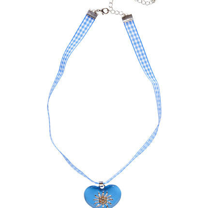 Tiroler halsketting met blauw-wit geruit lint en azuurblauw hartje voor Oktoberfest