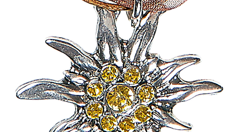 Tiroler halsketting edelweiss close-up: zilverkleurige edelweissbedel met gele steentjes aan bruin lint