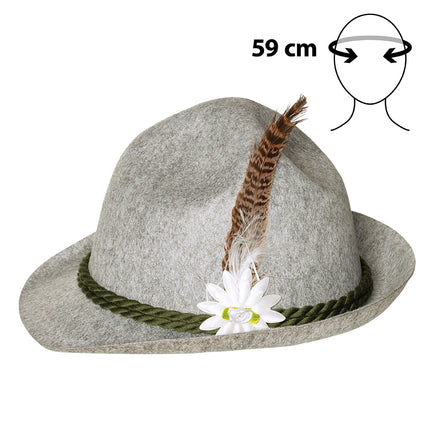 Tiroler hoed Ewald de luxe met witte bloem, bruine sierveer en hoofdomtrek 59 cm