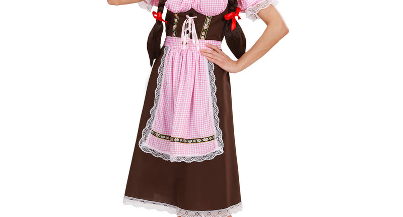 Tiroler jurkje Andrea met bruin rokdeel, roze-wit geruit lijfje en kanten zoom voor Oktoberfest