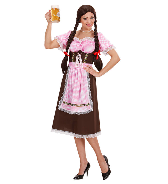 Tiroler jurkje Andrea met bruin rokdeel, roze-wit geruit lijfje en kanten zoom voor Oktoberfest