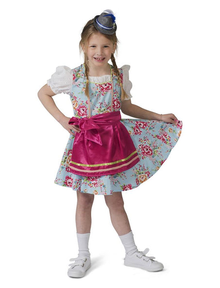 Tiroler jurkje Greta meiden met lichtblauwe bloemenjurk, witte blouse en roze schort voor Oktoberfest