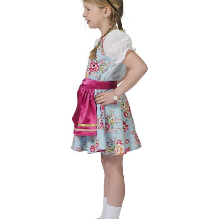 Tiroler jurkje Greta van de zijkant, met gestrikt roze schort en pofmouwen van de witte blouse