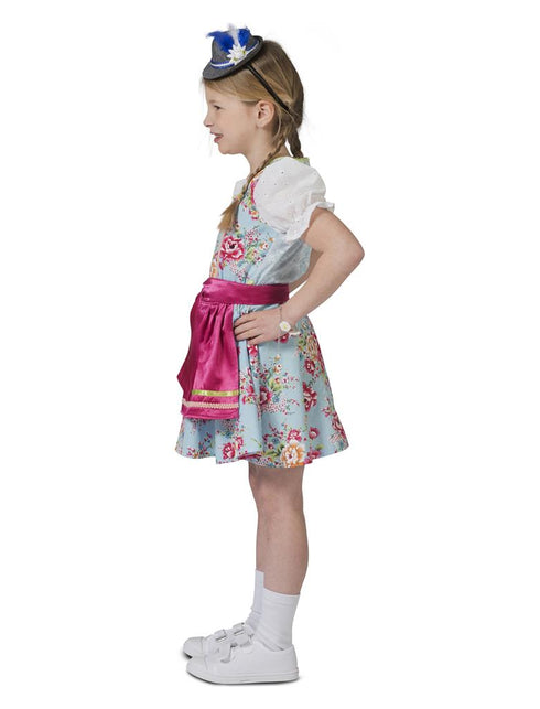 Tiroler jurkje Greta van de zijkant, met gestrikt roze schort en pofmouwen van de witte blouse