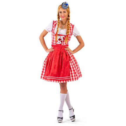 Tiroolse Odette dirndl in rood-wit ruit met rode schort en wit shirt, dameskostuum voor Oktoberfest
