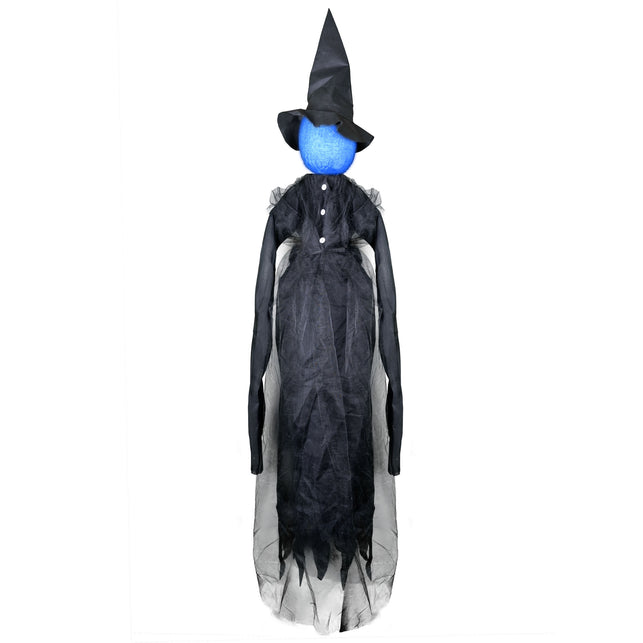 Tovenaar hangdecoratie met zwart gelaagd gewaad, puntmuts en blauw oplichtend hoofd voor Halloween