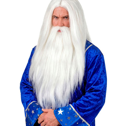 Tovenaar pruik Merlijn met volle baard en snor, gedragen bij een tovenaarskostuum voor Halloween