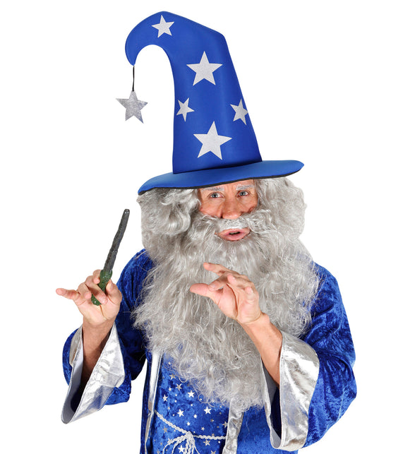 Tovenaarshoed blauw met sterren als magiërslook met grijze baard en toverstaf