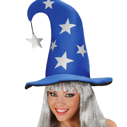 Tovenaarshoed blauw met sterren op dames met zilveren pruik, omgebogen punt met sterretje