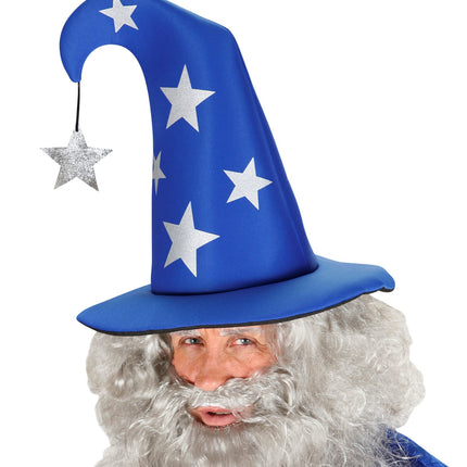 Tovenaarshoed blauw met sterren met zwarte bies langs de brede rand, gedragen door heren