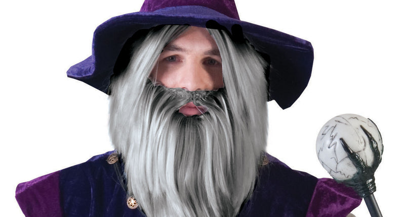 Tovenaarspruik met baard in grijs, lang steil haar en volle puntbaard, gedragen voor Halloween