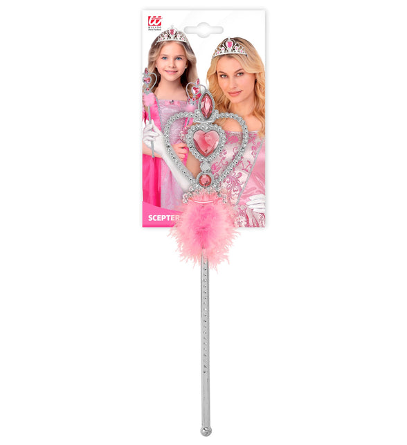 Toverstaf prinsessen met marabou in verpakking, zilveren scepter met roze hart en marabou