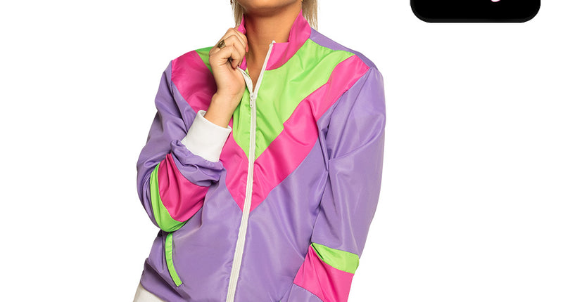 Trainingsjasje Retro babe paars met neonroze en groene vlakken, gedragen door dame op jaren 80-feest