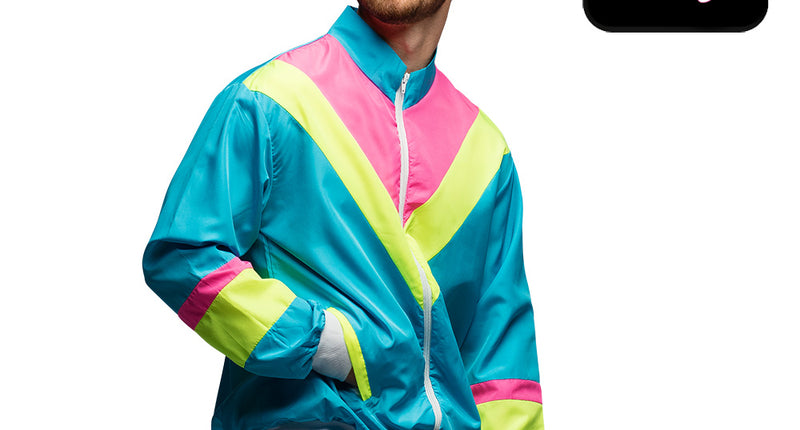 Trainingsjasje Retro dude neonblauw met neongele en roze banen en witte rits, voor een jaren 80-feest