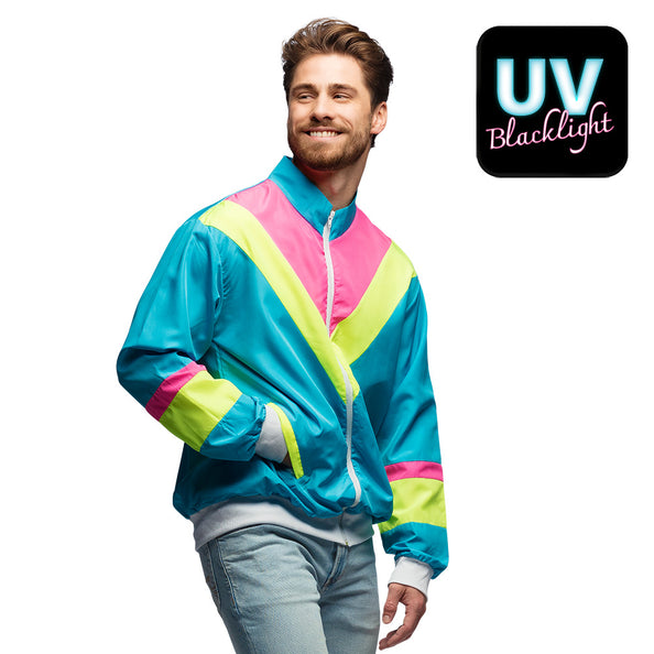 Trainingsjasje Retro dude neonblauw met neongele en roze banen en witte rits, voor een jaren 80-feest