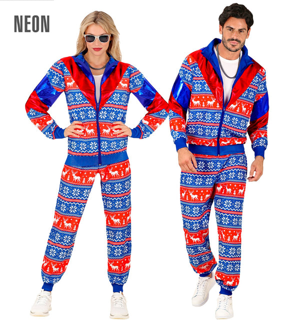Trainingspak kerst Alvin in blauw, rood en wit met rendierprint, gedragen door een dame en een heer