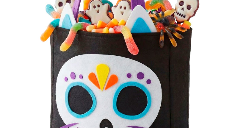 Trick-or-treat tas kat skelet, zwarte snoeptas met witte kattenschedel en paarse hengsels
