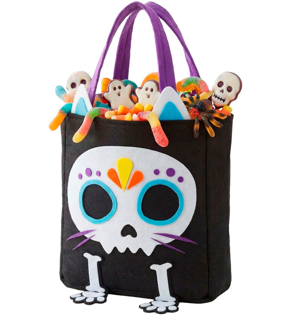 Trick-or-treat tas kat skelet, zwarte snoeptas met witte kattenschedel en paarse hengsels