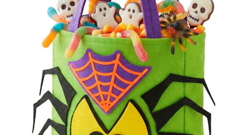 Trick-or-treat tas spin groen met zwarte spinnenpoten en paarse hengsels voor Halloween