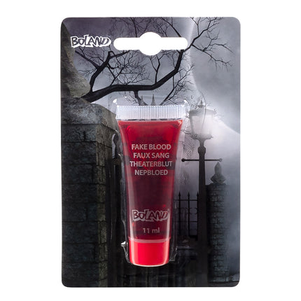 Tube nepbloed 11 ml van Boland op kaart met kerkhofprint, rood kunstbloed voor Halloween
