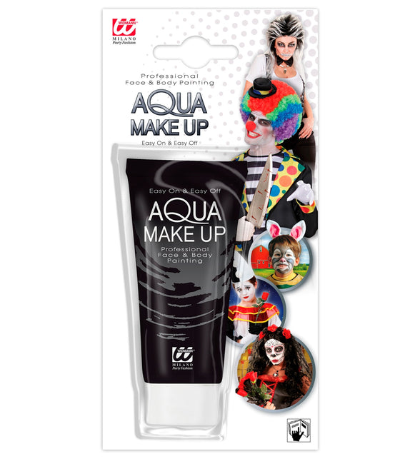Tube zwarte aqua schmink van Widmann op verpakkingskaart met voorbeeldlooks