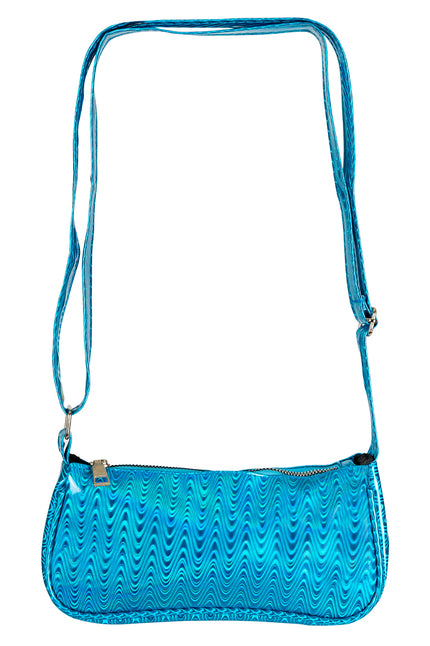 Turquoise schoudertasje met golvend lijnenpatroon en lange verstelbare band voor een discofeest