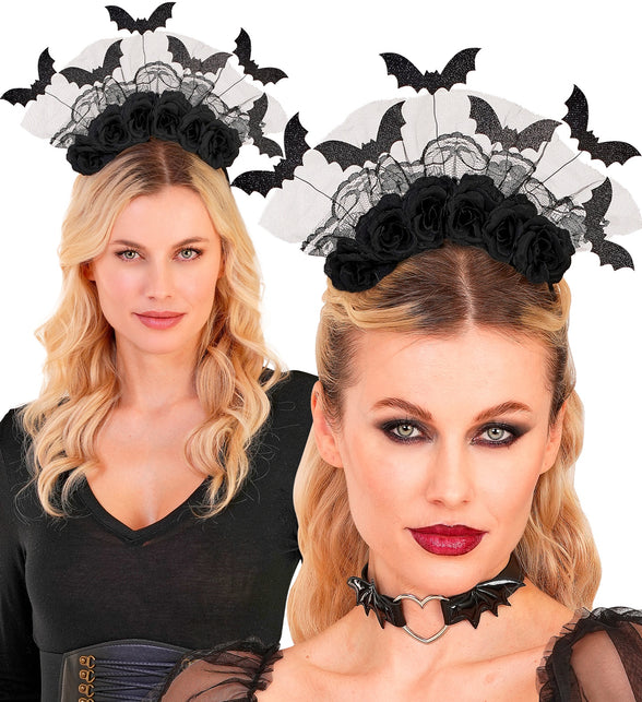 Twee draagstanden van de hoofdband vleermuizen en zwarte rozen bij een gothic Halloweenlook