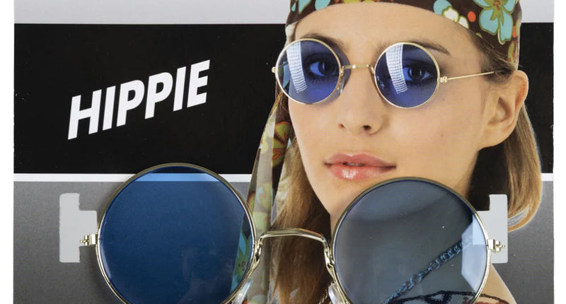 Uilebril met goudkleurig montuur en ronde blauwe glazen, hippiebril voor een themafeest