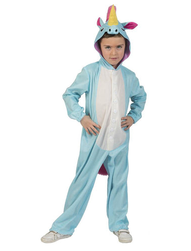 Unicorn Blue Berry pak kind in lichtblauw met witte buik, knopen en kap met gele hoorn
