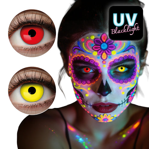 UV Burst contactlenzen rood geel, een rode en een gele lens naast een gezicht met UV-schmink onder blacklight