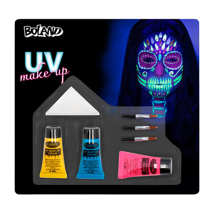 UV schminkset Bright skull van Boland met tubes in geel, blauw en roze, drie kwastjes en wit sponsje