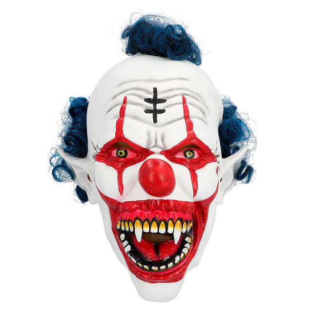 Vampier clown masker van latex, vooraanzicht met rode neus en zwart kruisje op het voorhoofd