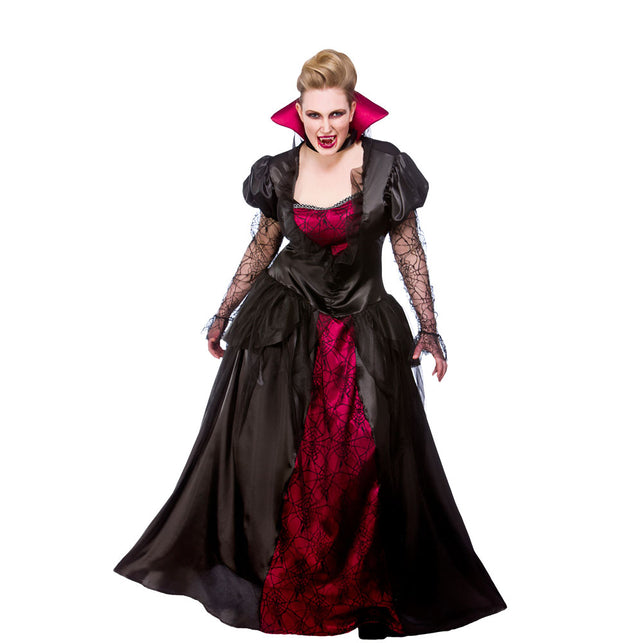 Vampier koningin jurk met wijd uitstaande rok door hoepelpetticoat, zwart met rood