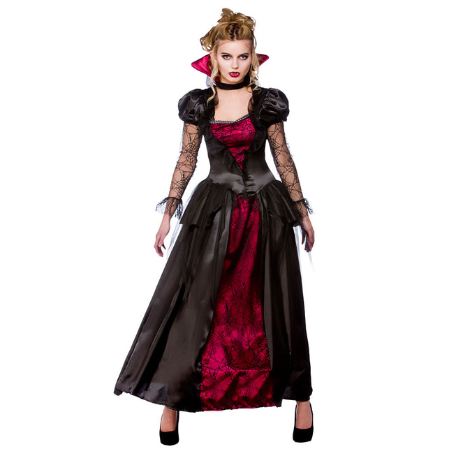 Vampier koningin kostuum dames, lange zwarte jurk met rode onderrok en spinnenwebkant voor Halloween
