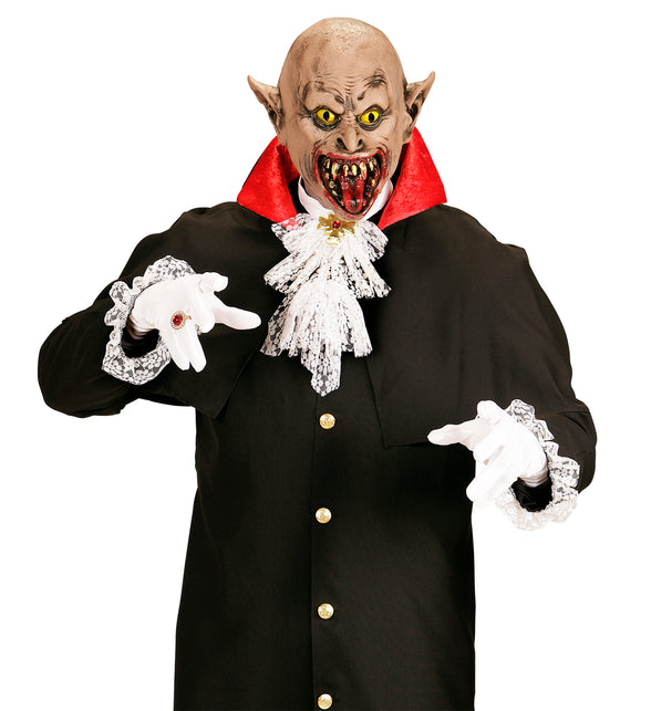 Vampier masker spits oor gedragen door model, 3/4-masker met kale schedel en uitstaande oren