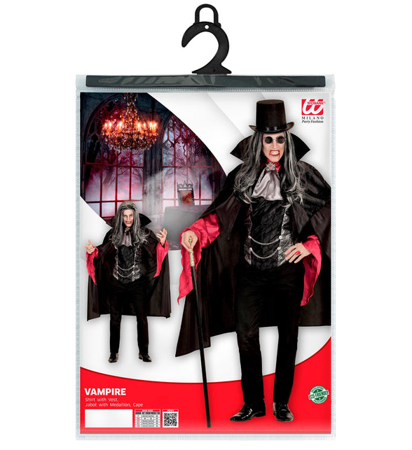 Vampieren pak in verpakking met shirt met vest, jabot met medaillon en cape