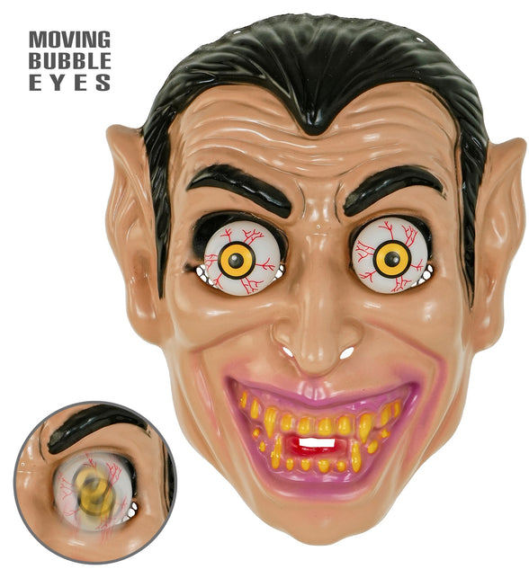 Vampiermasker van hard plastic met wiebelende oogbollen en gele tanden, met detail van het oog