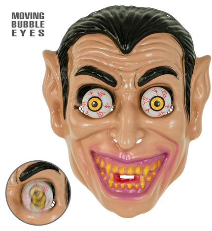 Vampiermasker van hard plastic met wiebelende oogbollen en gele tanden, met detail van het oog