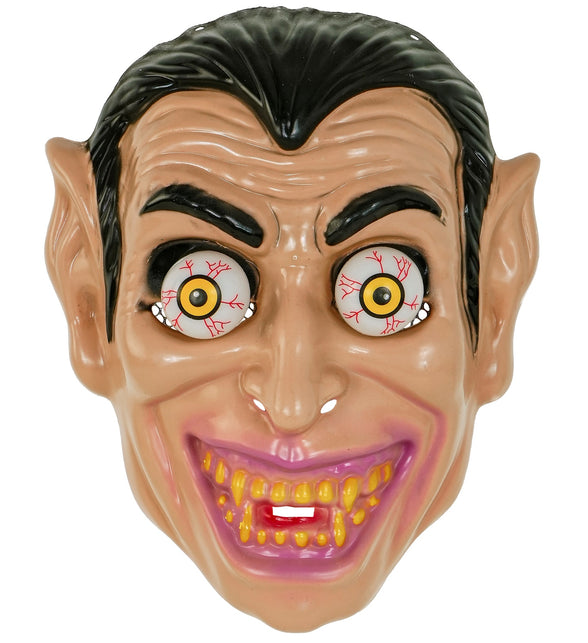 Vampiermasker vooraanzicht met zwart haar, puntige oren en brede grijns met gele hoektanden