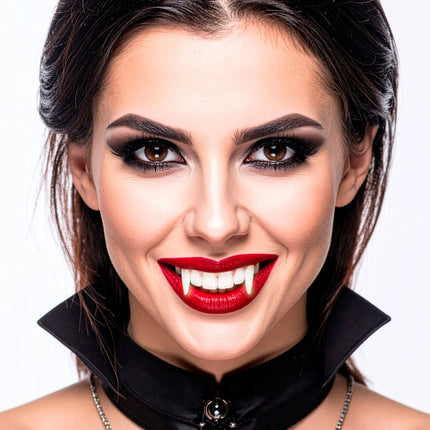 Vampiertandjes bij rode lippenstift en donkere oogmake-up voor een damesvampierlook