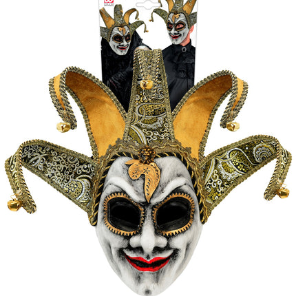 Venetiaans narrenmasker nar in verpakking met vijf punten en gouden belletjes