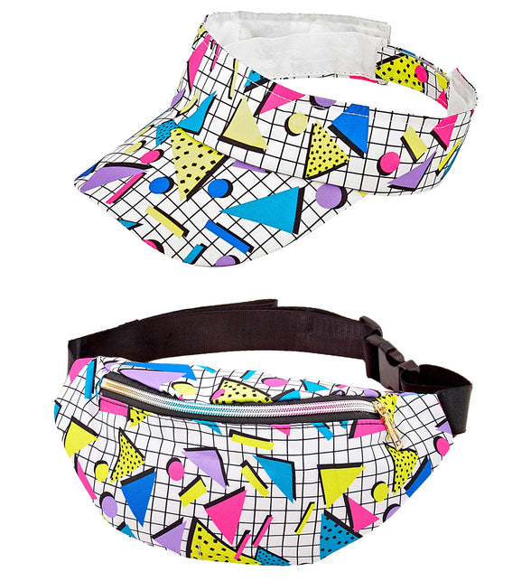 Verkleedset jaren 80 met witte zonneklep en heuptas met neon geometrische print en ritssluiting