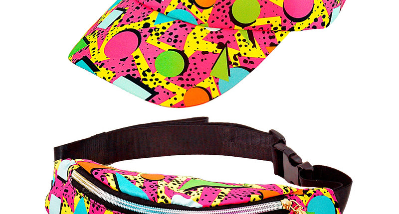 Verkleedset jaren 80 met zonneklep en heuptas, geometrische print in felle kleuren