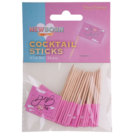 Verpakking met 24 It's a Girl cocktailprikkers van Funny Fashion voor een geboorte of kraamfeest