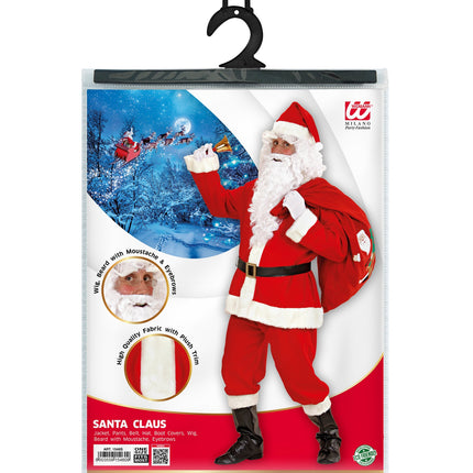 Verpakking van het achtdelige kerstman kostuum met jas, broek, riem, hoed, laarshoezen, pruik en baard