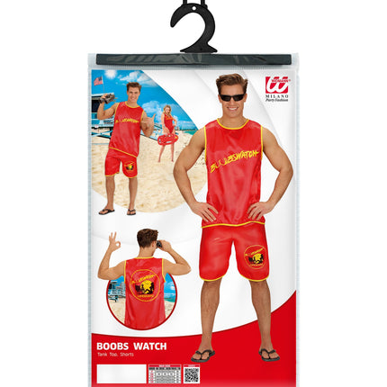 Verpakking badmeester pak Dennis van Widmann met top en shorts in de herenmaten S tot XL