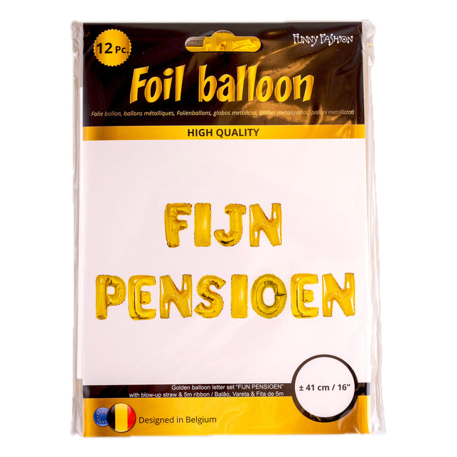 Verpakking ballonnen set Fijn pensioen met 12 gouden folieletters, blaasrietje en 5 meter lint