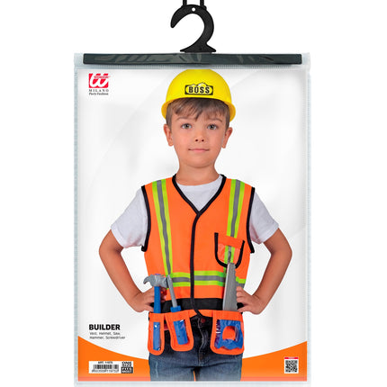 Verpakking bouwvakker kostuum kind met vest, helm, zaag, hamer en schroevendraaier