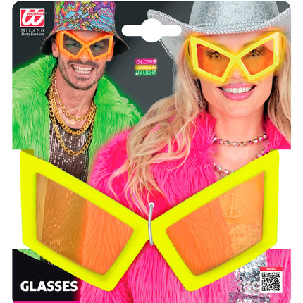 Verpakking van de bril oversized neon geel met vermelding dat hij oplicht onder uv-licht
